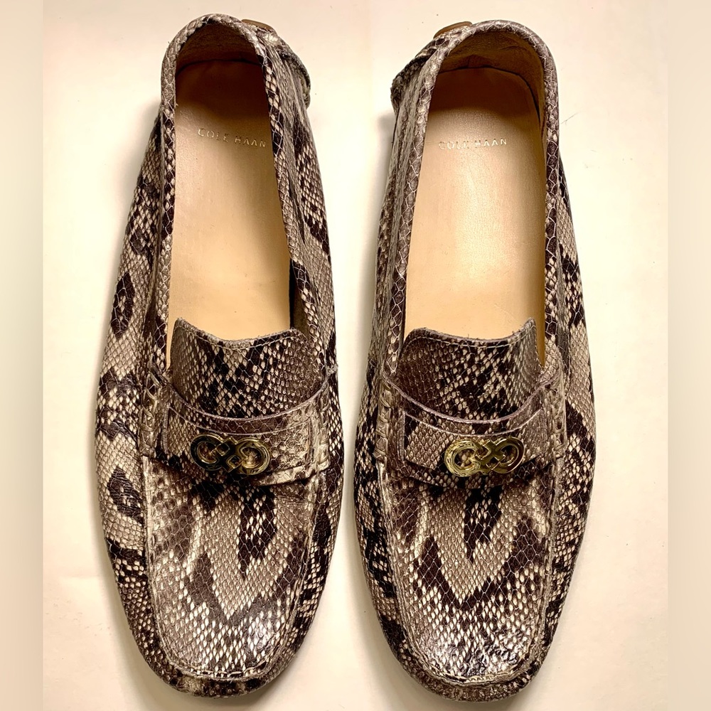Cole Haan snakeskin pattern driving moccasins. Brown tones. Like New. Size 10.